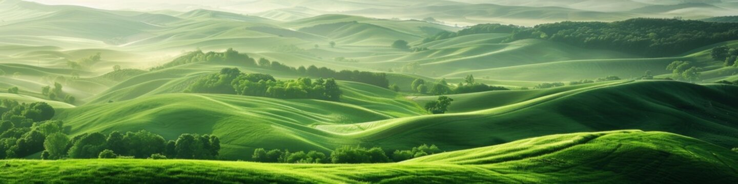 A green landscape featuring rolling hills, mountains, and various trees creating a serene and peaceful countryside backdrop, background, wallpaper, banner