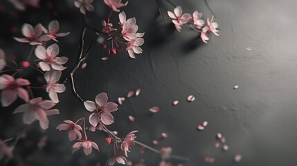 Cherry Blossom Branches Overlaying Dark Charcoal Textured Background: Ideal for Spring and Floral-Themed Designs, Adding Depth and Elegance with a Subtle Contrast