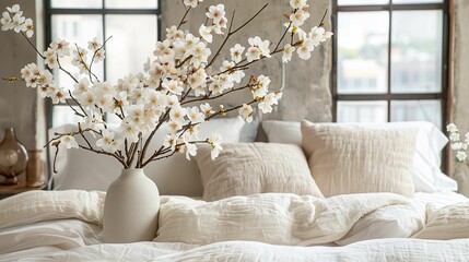 Serene Bedroom Interior with White Cherry Blossom Arrangement