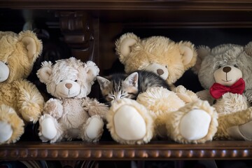 kitten nestled among teddy bears on a shelf