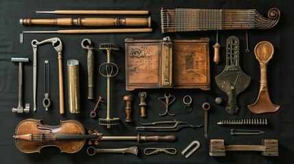 instruments and tools against a black backdrop - obrazy, fototapety, plakaty