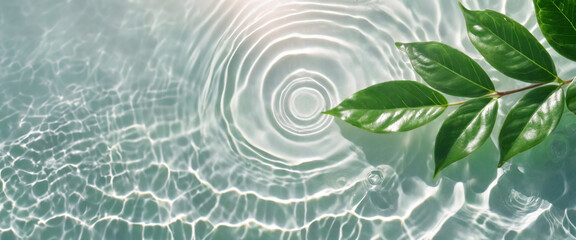 Transparent and clean white water and one green leaf background sunlight reflection, top view