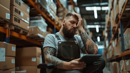 In the storage area, a young, anxious, industrious blue collar worker with a beard and tattoos was sitting on a chair, gesturing to his head with a tablet. Is delivery made on schedule? - obrazy, fototapety, plakaty