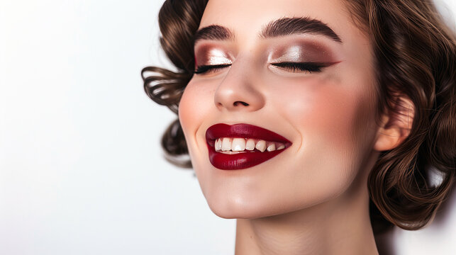 Young woman with old hollywood style makeup on white background