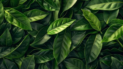 Detailed view of lush green tea leaves, showcasing the intricate textures and shades of green in a close-up shot, background, wallpaper - obrazy, fototapety, plakaty