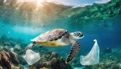  Sea turtle swimming in ocean, Plastic pollution in ocean, Turtles eat plastic bags mistaking them for jellyfish Environmental Problem, World Ocean Day, and World Environment Day concept. © Kwangvann Ztudio