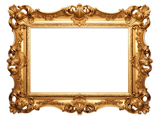 Golden wooden frame isolated on transparent background, Patterned and Vintage picture frame PNG format