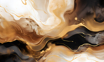 Marble ink painting texture on a luxury background,Brown waves,swirls, gold painted splashes,Generative AI