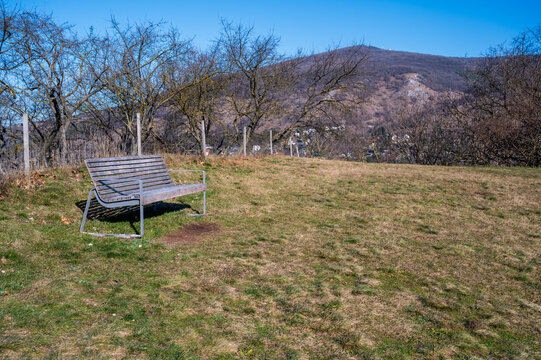 Wooden bench on the meadow. There are trees and hills in the background. Autumn.