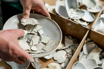 broken saucer pieces being collected in box
