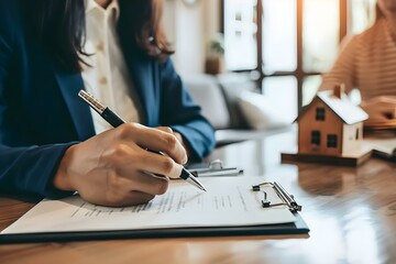 Real estate agent explaining home purchase terms and having customer sign documents to finalize contract for home insurance. Concept Real estate contract signing, Home insurance terms