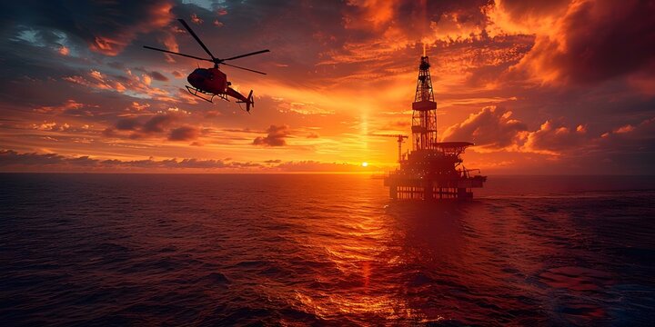 Sunset over an oil rig in the open sea with a helicopter flying towards it. Concept Oil rig, Sunset, Open sea, Helicopter, Dramatic scenery