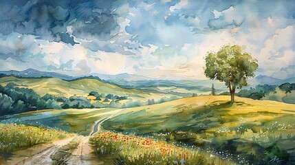 Fototapeta na wymiar Watercolor spring landscape, rolling hills