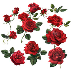 Beautiful bouquet flowers of red and scarlet blooming roses with leaves and buds, Lovely floral design element. isolated on a Transparent Background. Generative AI