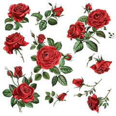 Beautiful bouquet flowers of red and scarlet blooming roses with leaves and buds, Lovely floral design element. isolated on a Transparent Background. Generative AI