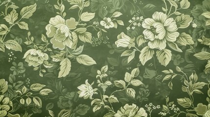 Classic green floral wallpaper featuring white flowers in vintage style, background