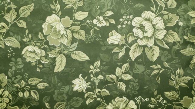 Classic green floral wallpaper featuring white flowers in vintage style, background