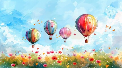 Obraz premium Watercolor hot air balloons, spring sky