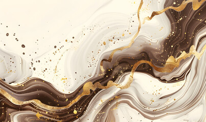 Marble ink painting texture on a luxury background,Brown waves,swirls, gold painted splashes,Generative AI