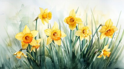 Obraz premium Watercolor daffodils on a bright spring day