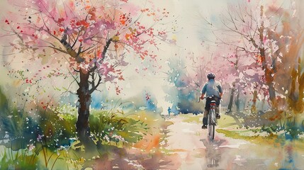 Watercolor cycling in spring, countryside
