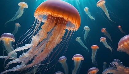 A Jellyfish In A Sea Of Shimmering Sea Creatures - obrazy, fototapety, plakaty