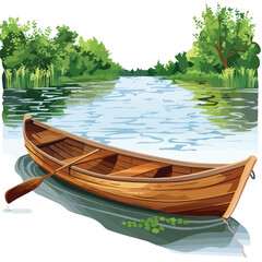 Naklejka na ściany i meble A peaceful riverside with a wooden rowboat. clipart
