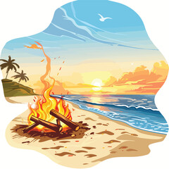 A serene beach with a bonfire. clipart isolated on white