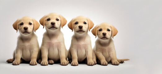 Portrait of puppies sitting on pet bed against white backgroundLittle cute puppies lined up in a row. Ai generative ai...

