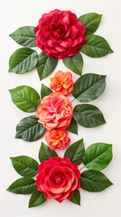 Three red roses are displayed with green leaves. The roses are arranged in a row, with the middle one slightly larger than the others. Scene is one of elegance and sophistication