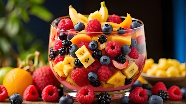 This picture features mixed berries and a range of tropical fruits topped with juice and syrup. Banana, pineapple, watermelon, orange, mango, blueberries, cherries, raspberries, and papaya.