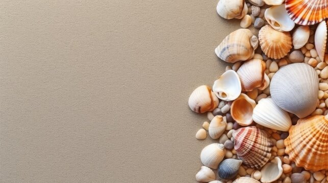 Seashell Decorations on a Beach Sand Background. Negative Space. Generative AI