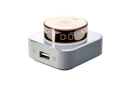Time Unleashed: Alarm Clock on Charged Stand. On a White or Clear Surface PNG Transparent Background.