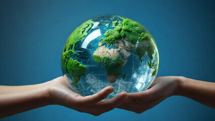 World habitat day concept: Two human handing big city and earth globe over blurred blue nature background. Generative Ai