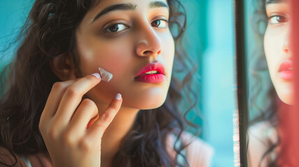 An anxious indian young woman touches her skin in front of a mirror after applying balm to address dryness