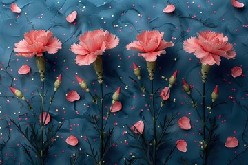 Creative Floral composition. Pink carnation flowers with confetti and petals on pastel background.  - obrazy, fototapety, plakaty