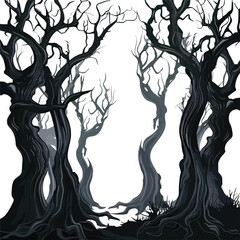 A spooky forest with twisted trees.