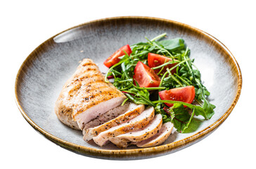 Sliced chicken breast fillet steak with green salad in a plate.  Isolated, Transparent background.