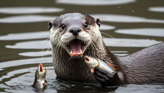An Otter With Its Mouth Full Of Fish A Successful