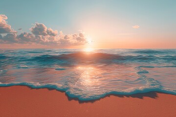 Crystal clear ocean water and sandy beach on a peaceful summer day - obrazy, fototapety, plakaty