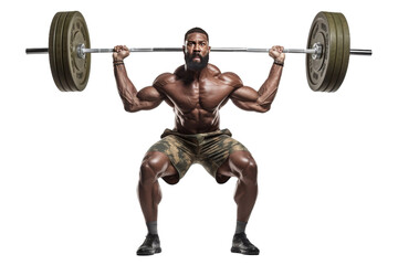 The Strength Within: A Man Embracing the Weight of Growth With a Barbell Squat. On a White or Clear Surface PNG Transparent Background. - obrazy, fototapety, plakaty