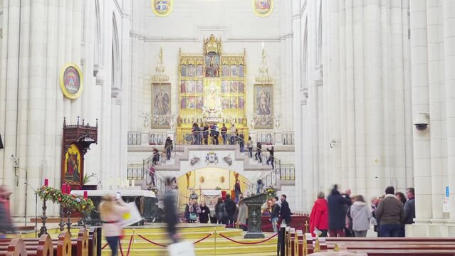 MADRID, SPAIN - DECEMBER 3 2017: Almudena Cathedral (Santa Maria la Real de La Almudena) is Catholic church. It is seat of Roman Catholic Archdiocese. It was consecrated by Pope John Paul II in 1993.