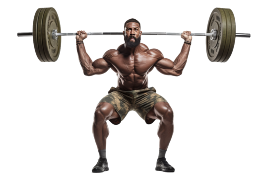 The Strength Within: A Man Embracing the Weight of Growth With a Barbell Squat. On a White or Clear Surface PNG Transparent Background.