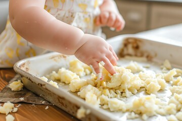 toddler playing with leftover mashed potatoes on tray - obrazy, fototapety, plakaty