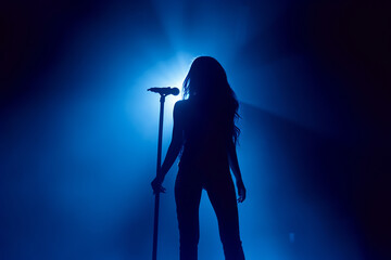 Silhouette of a Passionate Female Singer on Stage, Spotlight Shining During a Live Music...