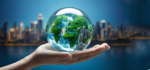 World habitat day concept: Two human handing big city and earth globe over blurred blue nature background. Generative Ai - obrazy, fototapety, plakaty