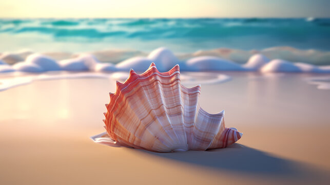 Small conch shells on the beach, blurred beach and bokeh background