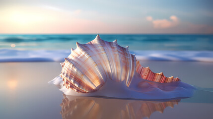 Obraz na płótnie Canvas Small conch shells on the beach, blurred beach and bokeh background