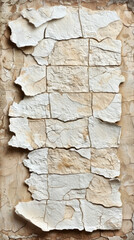 A wall with white tiles and cracks. The wall is made of stone and has a rough texture