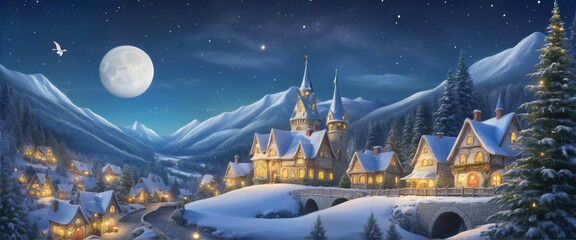 Wonderful Christmas night, Christmas village scene background colorful background - obrazy, fototapety, plakaty